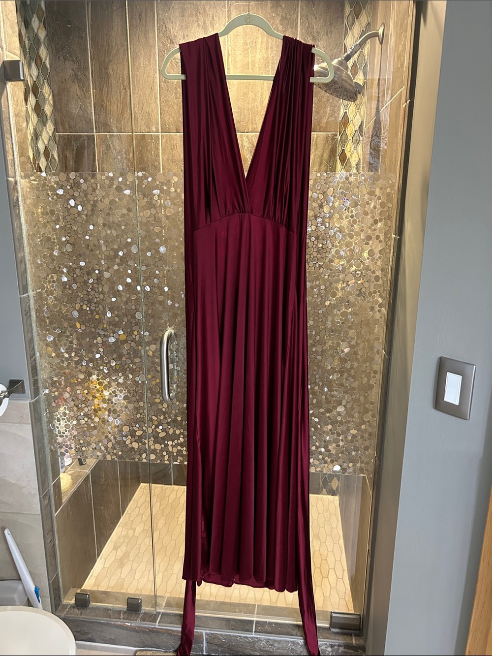 Deep Wine V-Neck Maxi Dress Satin with lots of stretch! NBW